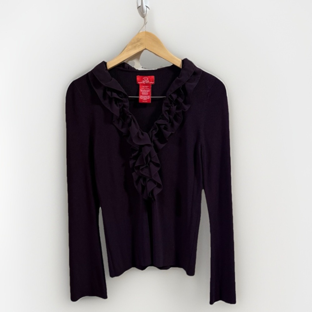 Oscar De La Renta Women's Sz Medium Eggplant Purple Ruffle Vneck Sweater